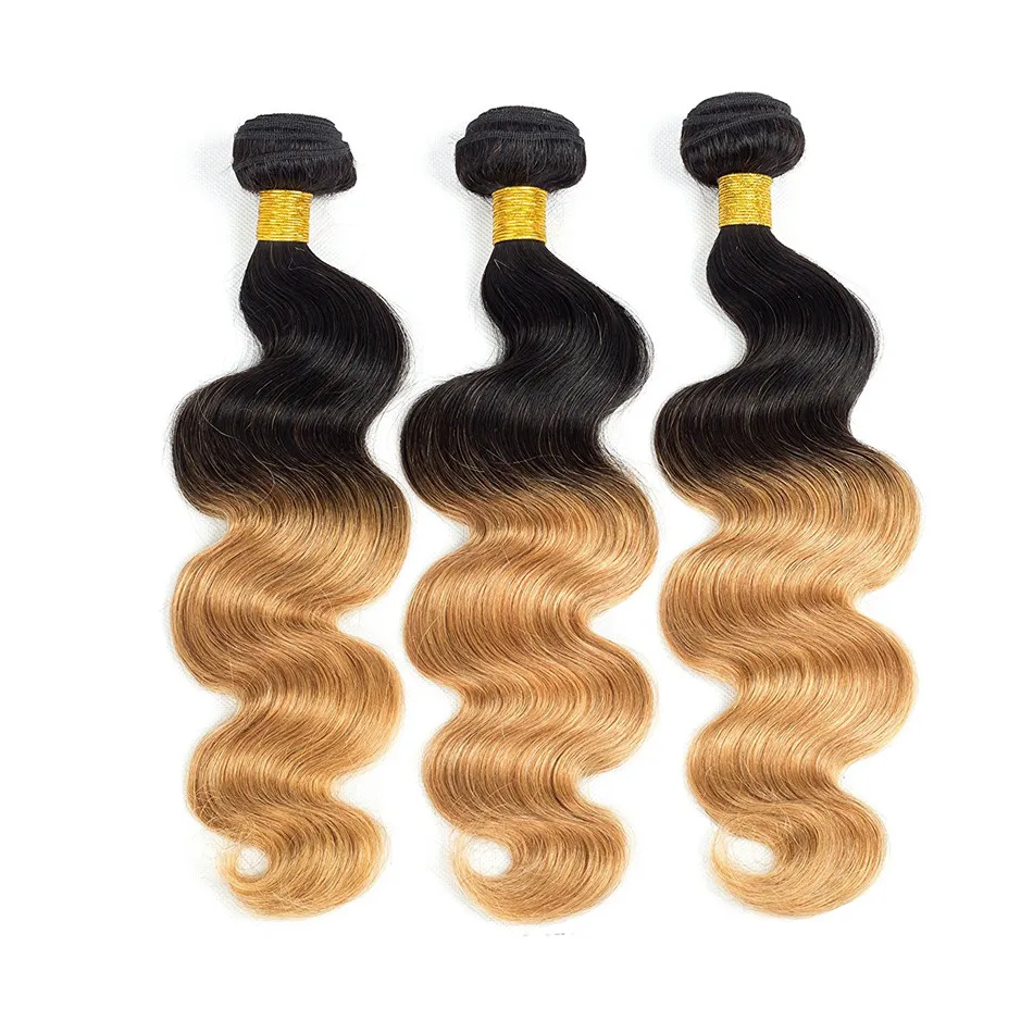 Dwa tonowe 1B 27 miodowe blond koronkowe zamknięcie wiązek Strawberry Blond Ombre Hair Bundles Brazylian Human Virgin Hair z 44 LA8196359