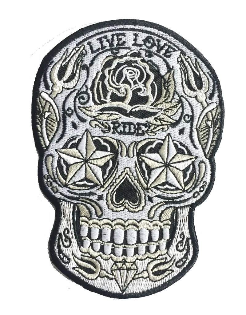 Partihandel Live Love Ride Sugar Skull Broderad Patch Strykjärn på jackan Vest Embroider Badge DIY Applique Broderi Emblem 5 "Gratis frakt