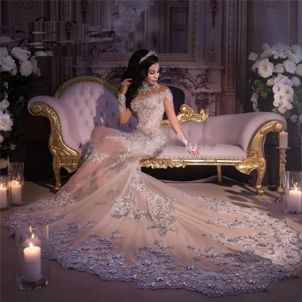 Sexy Mermaid Wedding Dress Long Sleeves Sheer High Neck See Through Luxury Beads Pearls Crystals Lace Appliques Bridal Gowns Long Train