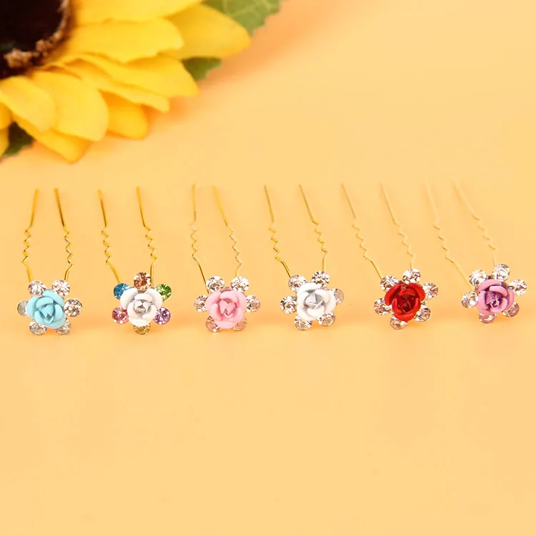 10st Rose Rhinestone U Shaped Hairpins Clear Crystal Headpieces Wedding Bridal Hair Prom Pins Multi Color