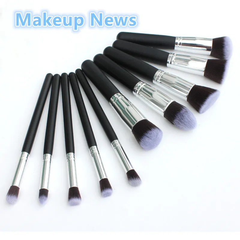 Hot Sale -10 st / Professionell makeupborstar Silver Syntetisk Kabuki Makeup Brush Set Cosmetics Foundation Blending Blush Makeup Tool