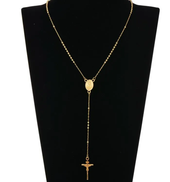 rosary beads necklace cross jesus pendant silver and gold plated beads long necklaces for men and women Rosary Bead Chain