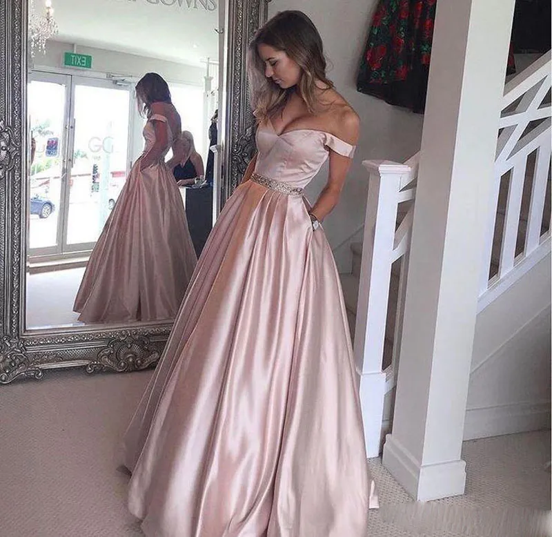 Blush Pink Prom Dresses With Sash Beads Sequins Off The Shoulder A Line Satin Party Dresses Pleats Formal Cocktail Evening Gowns9068080