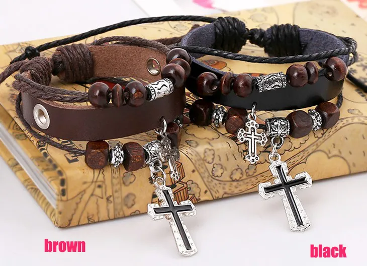 Multi-layer Cross Pendant Charm Bracelet for Men Unisex Casual Genuine Leather Bangles Wood Bead Fashion Jewelry Wholesale