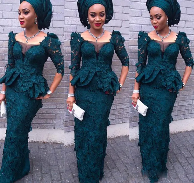 Lyx Aso Ebi Style Modest Full Lace Evening Dresses Mermaid Juliet Square Långärmade Peplum Formella Klänningar Mörkgröna Kvinnor Prom Lökar