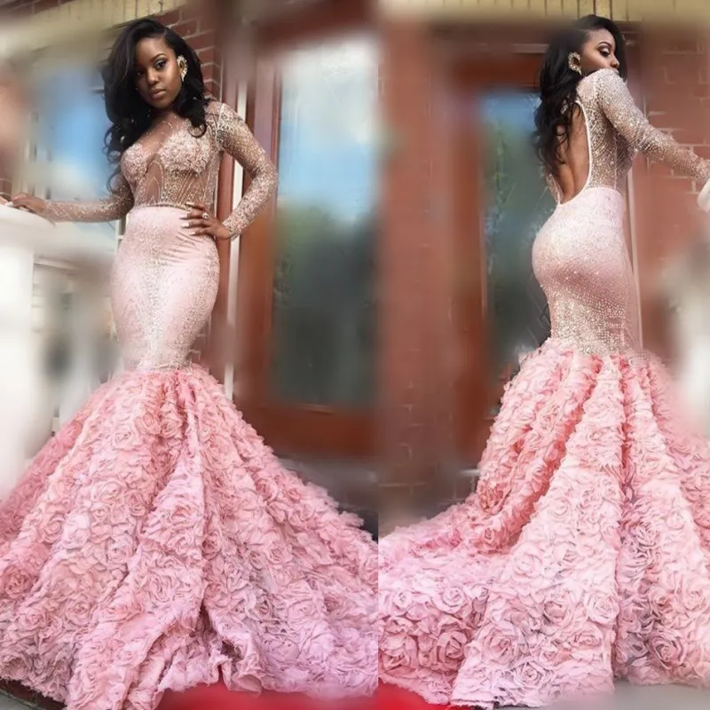 Gorgeous 2k17 Rosa Långärmad Prom Klänningar Sexig Se genom långa ärmar Öppna Back Mermaid Evening Gowns Sydafrikansk formell festklänning