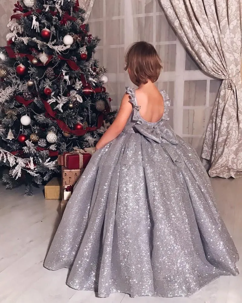 Sparkly Silver Flower Girls Dresses Luxury Sequined Ball Gown Puffy Girls Pageant Dress Custom Made Lovely Kids Formal Wear Birthd260B