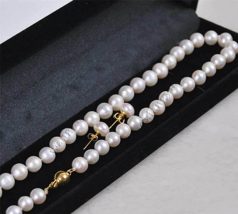 Äkta 8-9mm Vit Akoya Cultured Pearl Halsband Örhängen Set