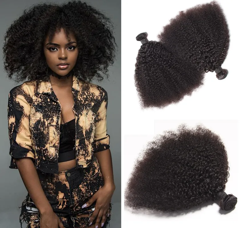 Brasilianska Human Remy Virgin Hair Afro Kinky Curly Hair Weaves Hårförlängningar Naturfärg 100g / Bunt Double Wefts 3bundles / 