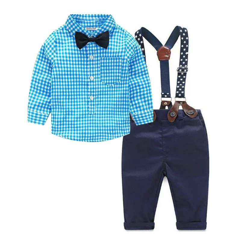 2017 Baby Boy Copre Gli Insiemi Autunno Gentleman Suit Neonato Set di Abbigliamento Papillon T-Shirt Infantile + Pantaloni Della Bretella 2 Pz Abiti per Bambini Abiti