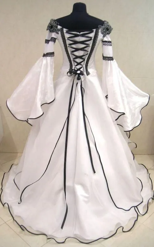 Vintage schwarz-weißes Gothic-Hochzeitskleid, schulterfrei, keltische Brautkleider, Reißverschluss-Korsett, handgefertigte Blumen, Schleppe