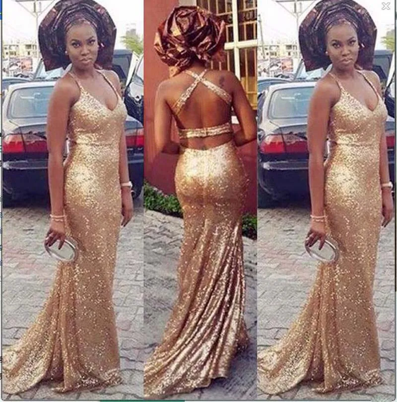 Sexy Backless South African Evening Dresses Mermaid Gold Sequins Black Girls Party Dresses Sleeveless Nigerian Promg Gowns