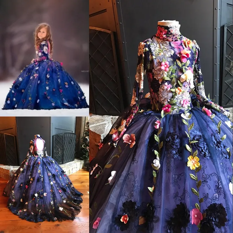 2017 Pretty Fairy Flower Girls Dress High Neck Långärmad 3D Floral APliques Girls Pageant Klänningar Härlig Handgjorda Blommor Födelsedag Klänning