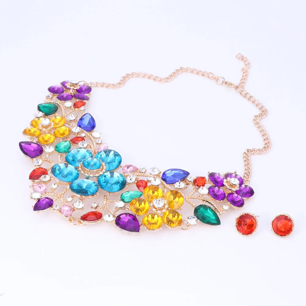 Women Fashion Statement Necklace earrings sets Bridal Wedding Party Necklace Flower Type Golden Plated Crystal Jewelry Sets