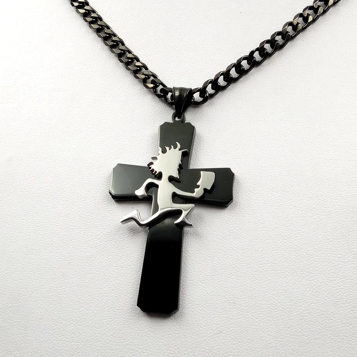 Free ship black silver ICP Jewelry Punk Stainless Steel Large cross with Hatchetman Juggalette Pendant with 5mm 24 inch curb chain Necklace