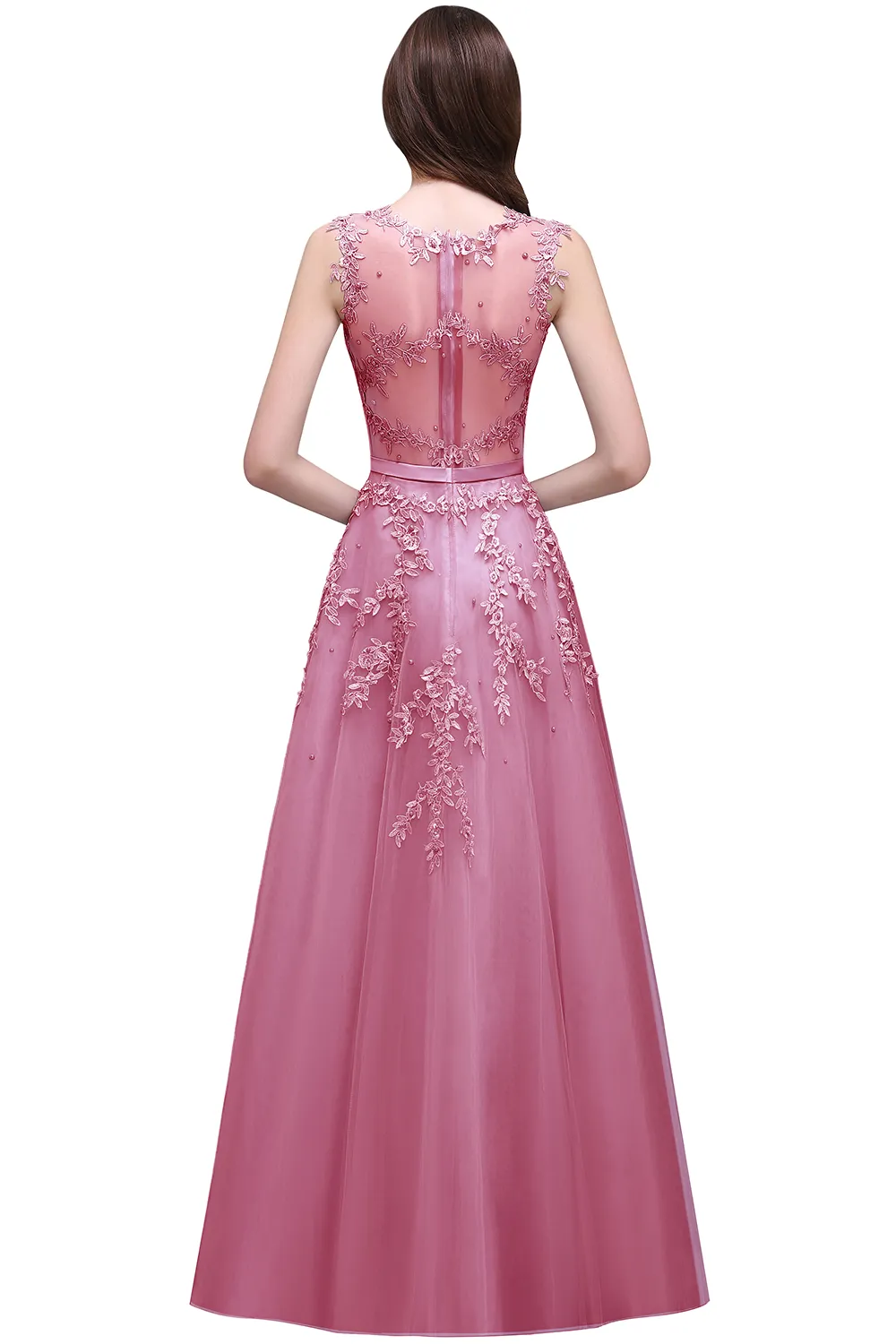 Roze kralen een lijn avondjurk met kant applicaties 2017 sexy pure nek illusie terug Bourgondië lange prom jurken vestido de festa heet
