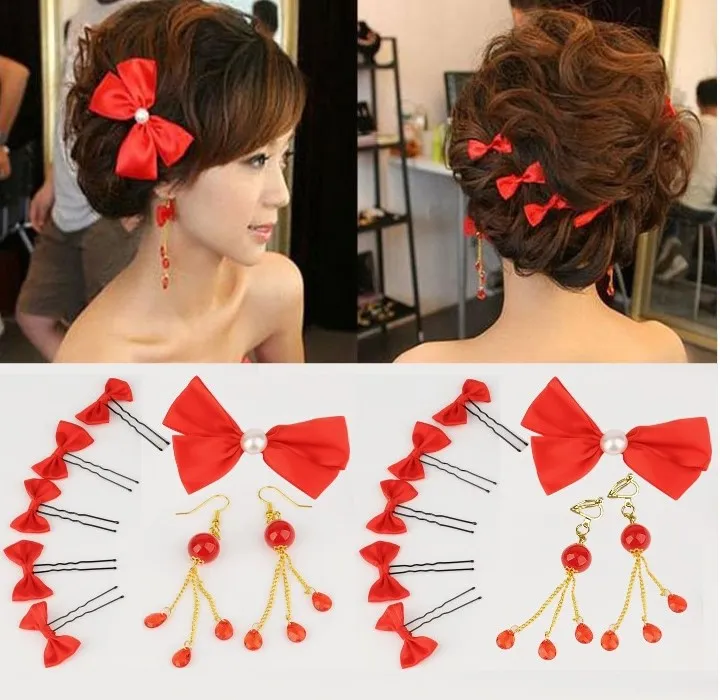 Wedding accessories headdress red bow bride hair accessories 8 pieces
