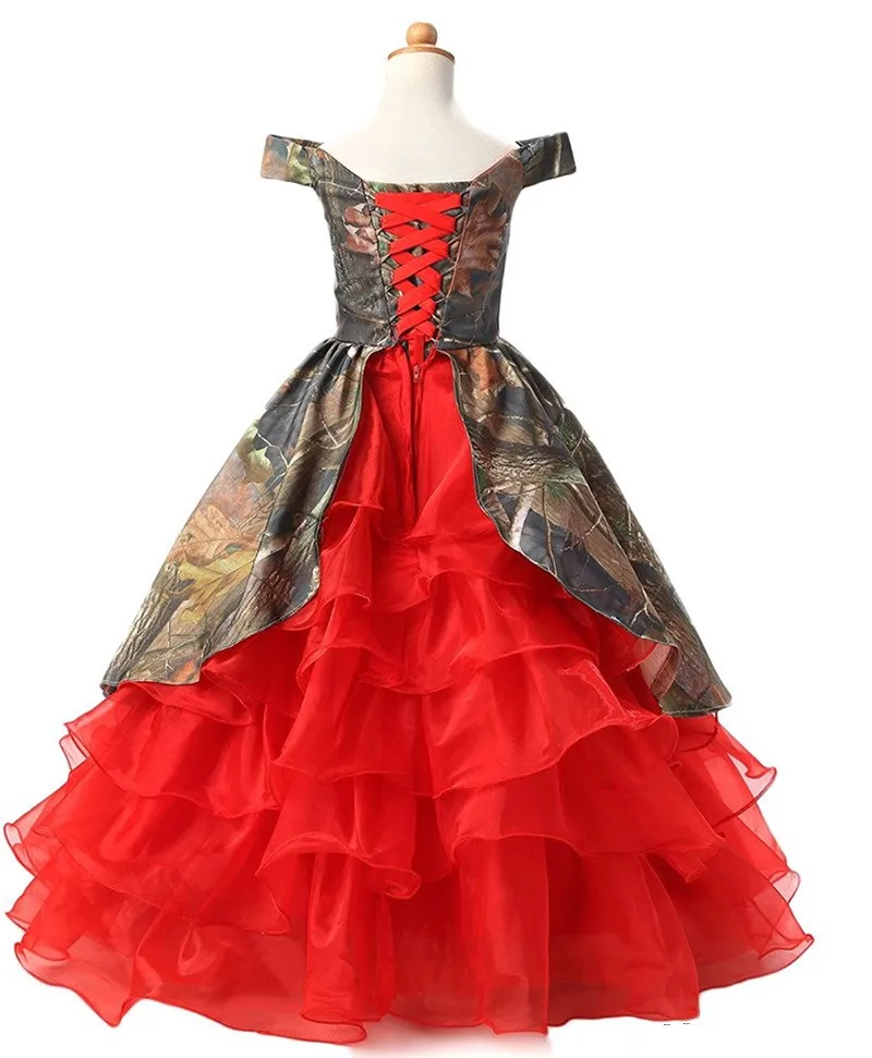 Moda Camo Red Ruffles Ball Flower Girl Sukienki z koronką W górę Długość Girls Girls Pageant Suknia First Communion Dress BF05