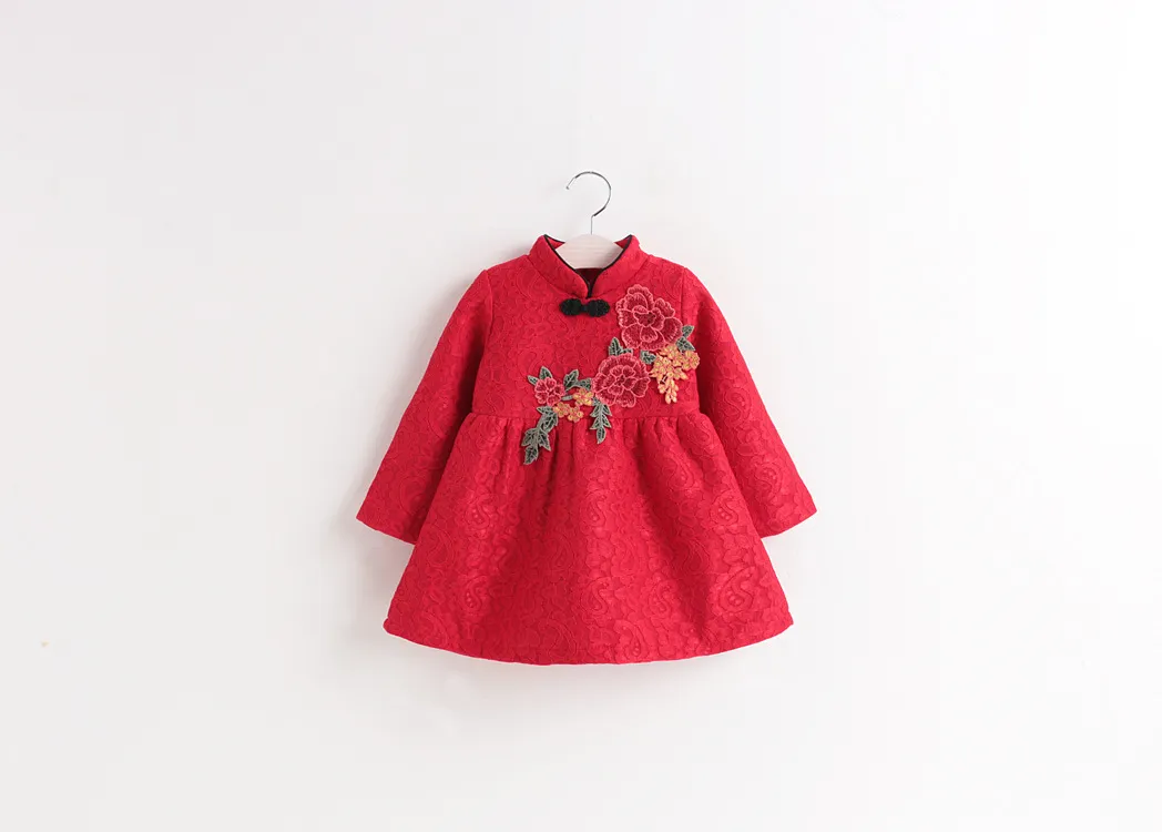 Kinesisk stil tjej klänning nyår baby tjejer kläder söt röd broderi klänning barn blommig prinsessa klänning barn kläder högsta kvalitet