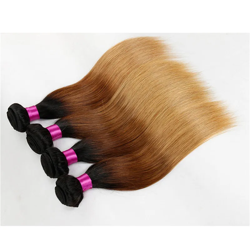 Ombre peruanska hårbuntar med stängning Blond peruansk jungfruliga mänskliga hårförlängningar 1B427 1B27 Ombre Straight Hair and Closur5556341