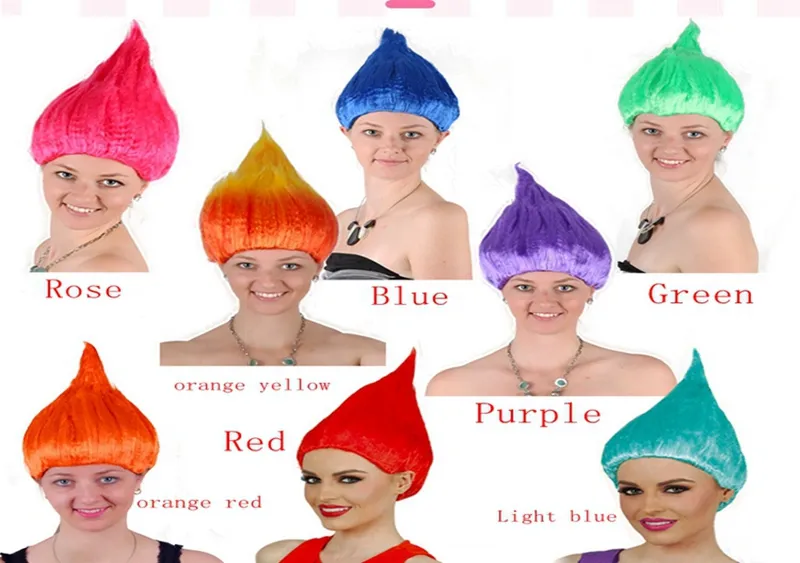 10 pçs / lote Transporte Rápido Trolls Peruca para Adultos Crianças Cosplay Party Supplies Cosplay Peruca 12 cores em estoque