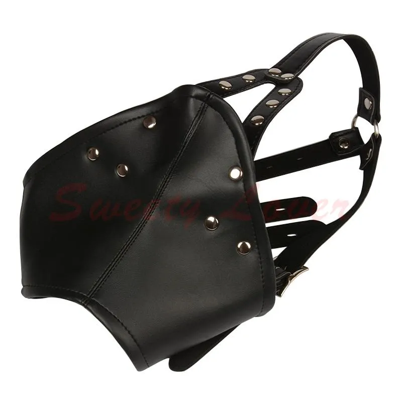 Masque de sexe en cuir PU noir réglable avec boule bouche gag yeux ouverts fétiche bondage capuche contraintes couvre-chef unisexe produits de sexe 1796615245