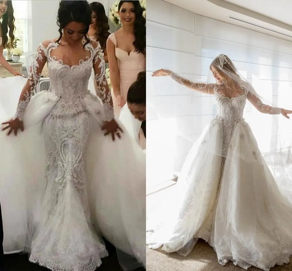 2020 Vestidos de Noiva de Luxo em Árabe Sereia Lace Pearl Beading Illusion Mangas Longas Overskes Nupcial Vestidos de Casamento Vestido Destacável Trem