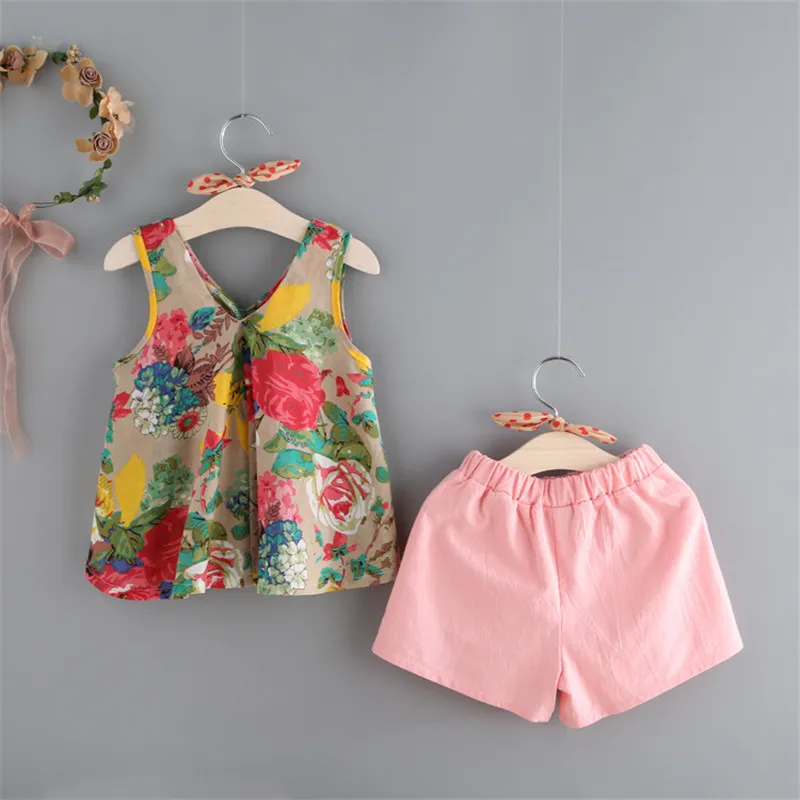 2017 roupas de bebê meninas tanque floral colete tops + shorts conjunto de roupas menina roupas crianças terno crianças verão boutique de roupas