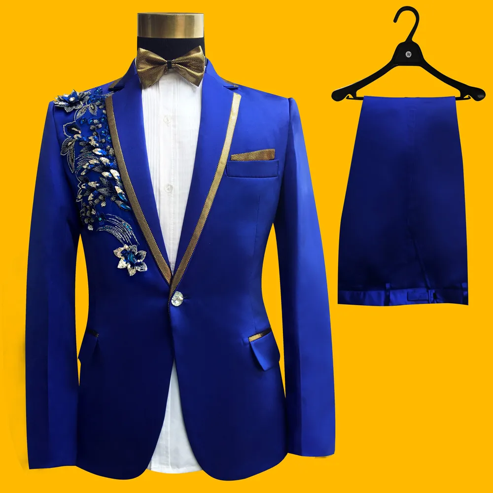 Ceket + pantolon + papyon + kemer Adam Düğün Damat Elbise Suits Aplike Çiçekler Sequins Blazers Balo Beyaz Siyah Kırmızı Suit Şarkıcı Ev sahibi Sahne Giyer