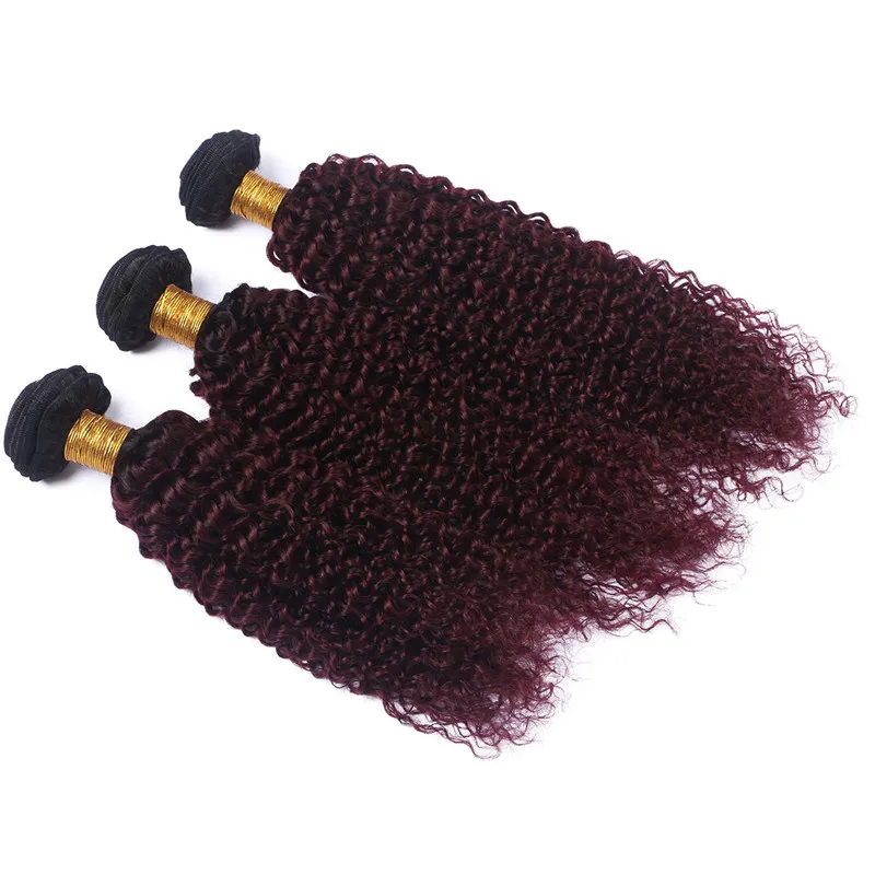 変態巻き毛2つのトーン＃1b / 99jのワイン赤のオンムレ人間の髪の織り卸売バージンブラジルのブルゴーニュオムレ人間の髪の束3本の
