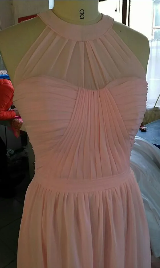 5 blandade stilar billiga långa chiffong land brudtärna klänningar ljus rosa konvertibel stil junior brudtärna strand bröllopsfest klänningar