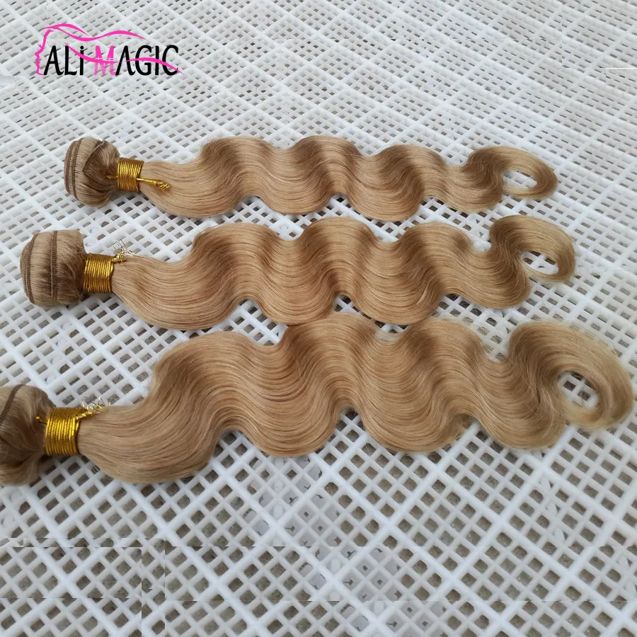 سعر المصنع 3pcs #27 عسل الفراولة أشقر الجسم موجة عذراء REMY HUSH HEAR WEAVES Extensions حزم الشعر غير المجبر على النسيج