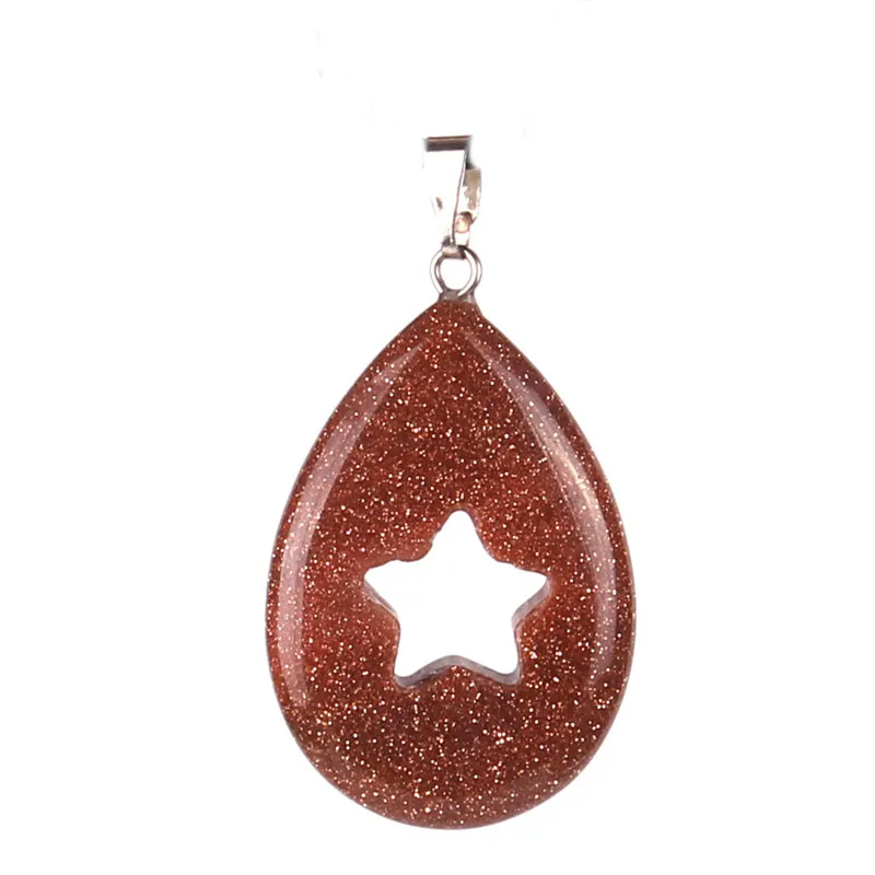 Amulet Magic Water Drop Hollow Out Five Pointed Super Star Mix Random Crystal Dalmaiton Jasper Blue Goldstone Good Luck Pendant for Necklace