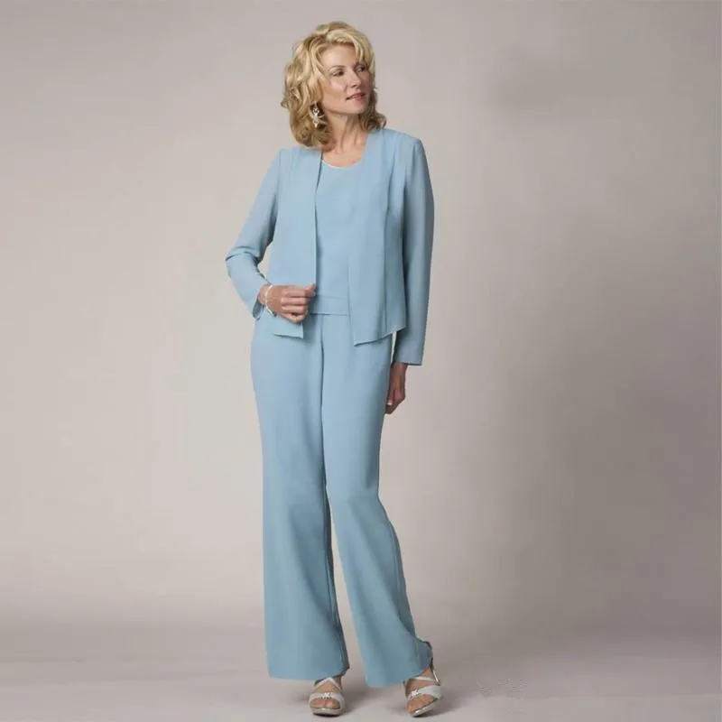 New Arrival Light Blue Mother Of the Bride Pant Suits Chiffon with Bead Wedding Guest Pant Suit Plus Size Evening Dresses4710076