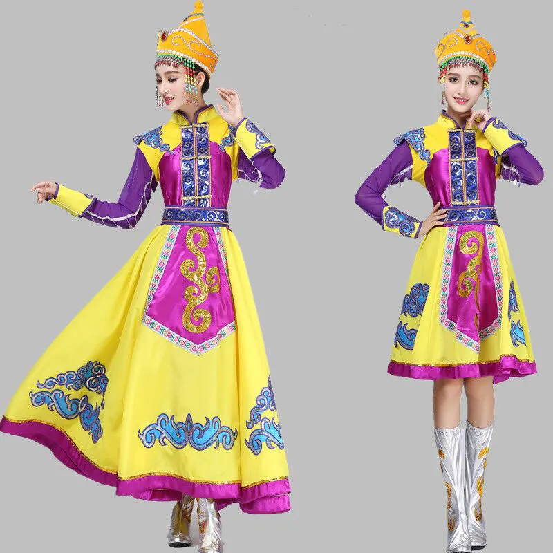 Recién llegado, vestido de oro violeta, vestido étnico, ropa de baile mongol, ropa de escenario mongol para mujer, traje de baile folclórico chino