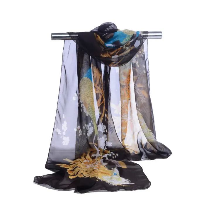 Factory Wholesale Amazing Fashion Chiffon Scarfs Shawls Sarongs Lucky Peacock Pattern Muffler Printed Scarves Beach Covers