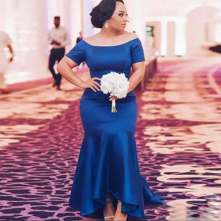 Royal Blue Plus Size Mermaid navy Blue bridesmaid Long 2018 Satin Short Sleeves Maid Of Honor Gown High Low Wedding Guest Party Dress EN112214