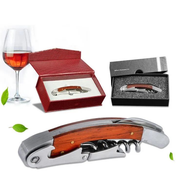 Wood Handle Stainless Steel Corkscrew Double Hinge Red Wine Bottle Opener With Delicate Gift Box Abridor De Garrafa Tools ZA1648