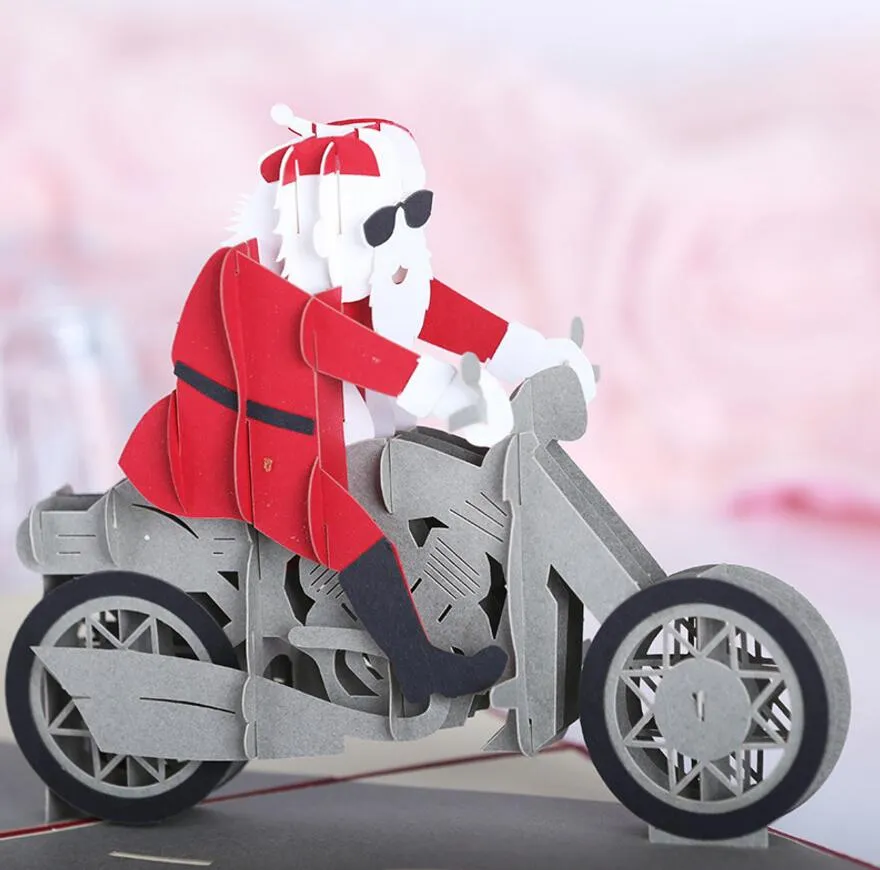 Hot 10 stks Santa Motorcycle Kirigami Origami 3D Pop-up Wenskaarten Uitnodigingskaart voor Bruiloft Kerst Verjaardag Party Gift