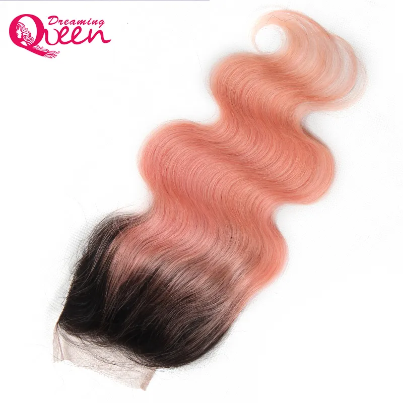 1B Pink Body Wave Chiusura in pizzo Ombre Capelli umani brasiliani Rosa 4x4 Chiusure Capelli umani vergini Dreaming Queen Hair