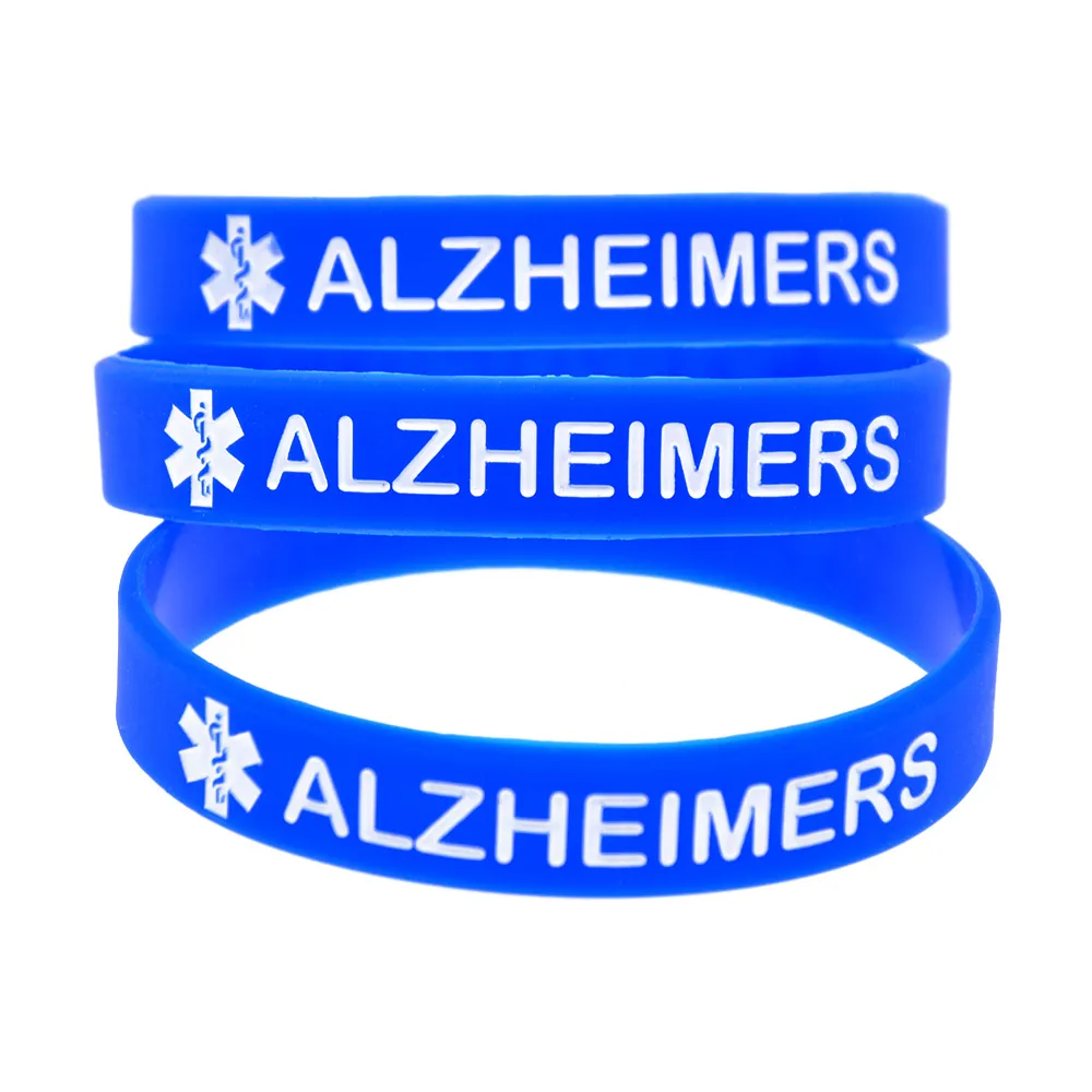 100st Alzheimers silikongummi armband bläckfylld logotyp Vuxenstorlek 4 färger som är lämpliga för äldre