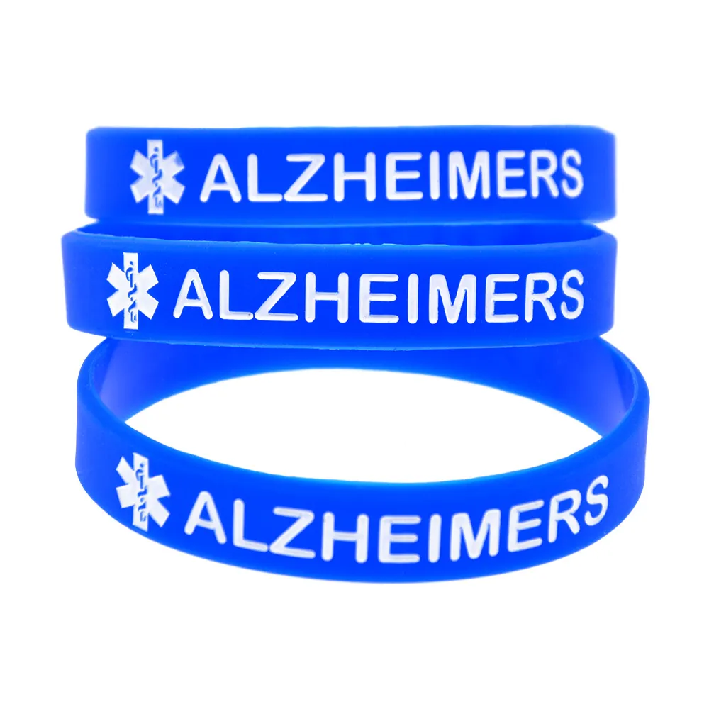 100pcs alzheimers 실리콘 고무 팔찌 잉크 가득 가득한 로고 성인 크기 4 색 노인에 적합