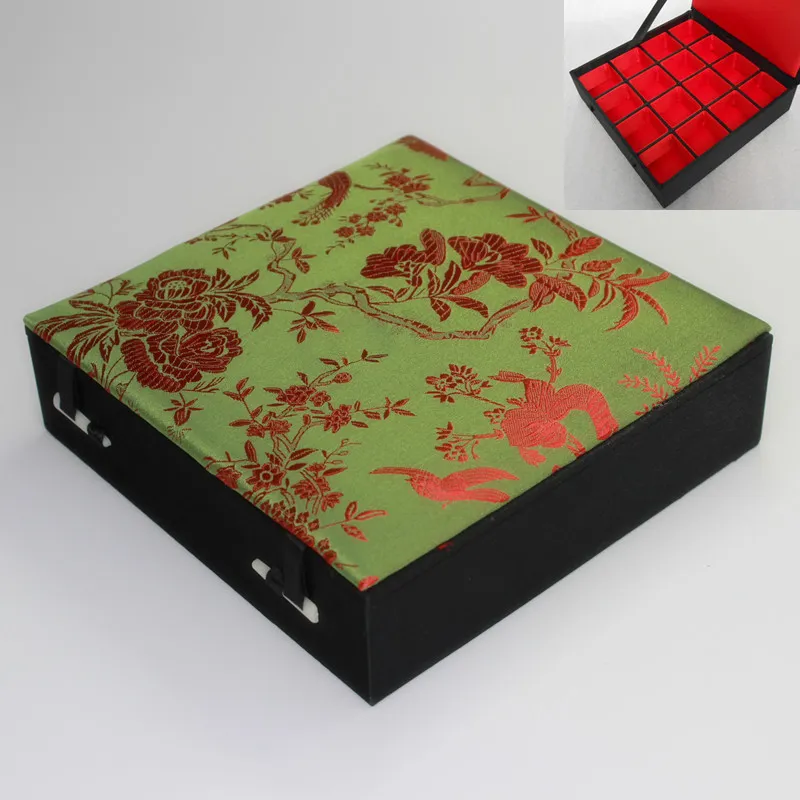 Boutique 16 Grid Silk Brocade Box Wooden Multi Slot Jewelry Storage Case Earrings Rings Pendant Packaging Boxes Wedding Party Gifts