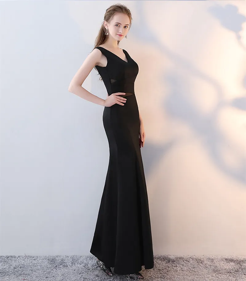 Fashionable Black Evening Dresses V Neck Split Side See Through Waist ...