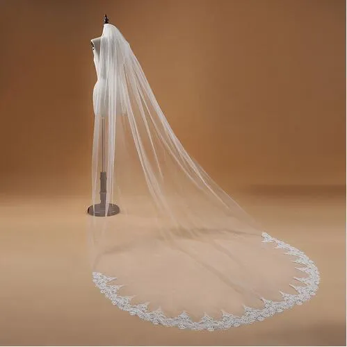 Voile Mariage 3M één laag kanten rand wit ivoor Catherdal bruidssluier lange bruidssluier goedkope bruiloftsaccessoires Veu de Noiva2830046