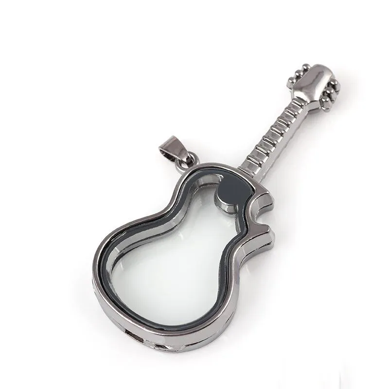 Einzigartige Gitarrenform Glas Floating Charm Medaillons Living Photo Memery Charm Medaillons Anhänger 925 Silber Kette Halskette