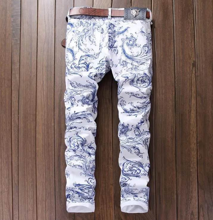 Hela mäns mode Slim Fit White Spray Flower Print Jeans Male Casual White Cotton Pants US Size 29-38338f