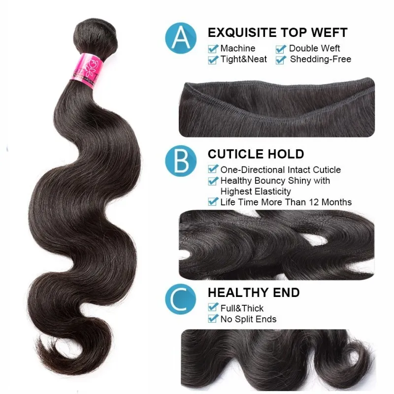 Greatremy 34 Body Wave 3 paquets avec fermeture paquets de cheveux humains brésiliens avec fermeture 4X4 offres de paquets non traités ajouter une fermeture de partie gratuite couleur naturelle double trame