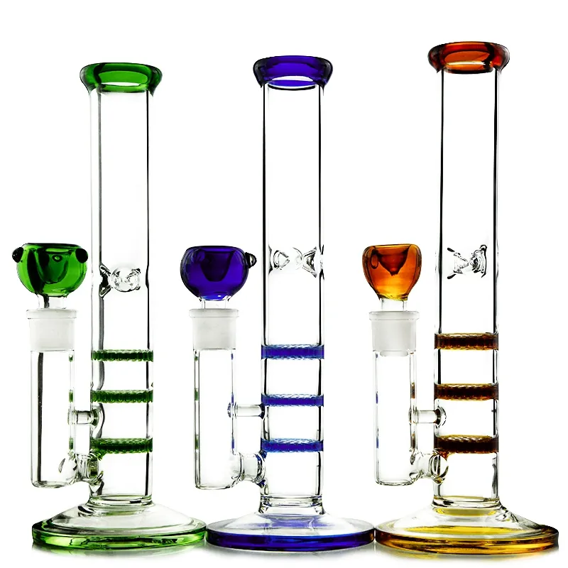 10 인치 트리플 빗 퍼크 오일 DAB 조작 14 여성 Jiont Heady Glass Bongs 그릇이있는 다채로운 물 파이프 Banger Hookahs WP525