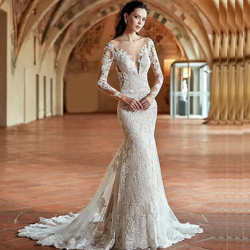 2017 recién llegados vestidos de novia sirena sexy pura encaje apliques bateau cuello ilusión manga larga marfil trompeta ajuste y llamarada vestidos de novia